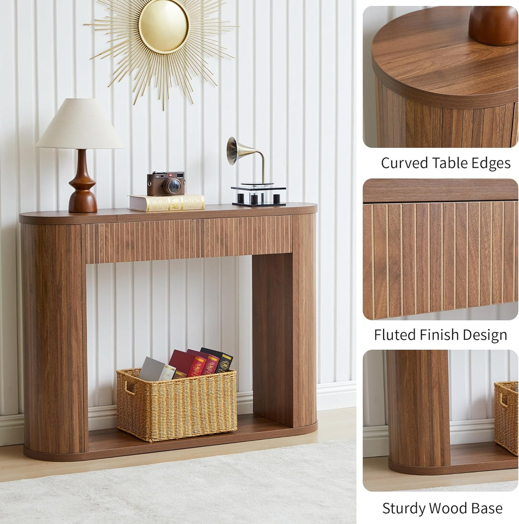 42.5” Console Table with 2 Drawers, Fluted Entryway Table with Rounded Corners, Rectangular Sofa Table Behind Couch for Living Room, Hallway, Foyer (Walnut)