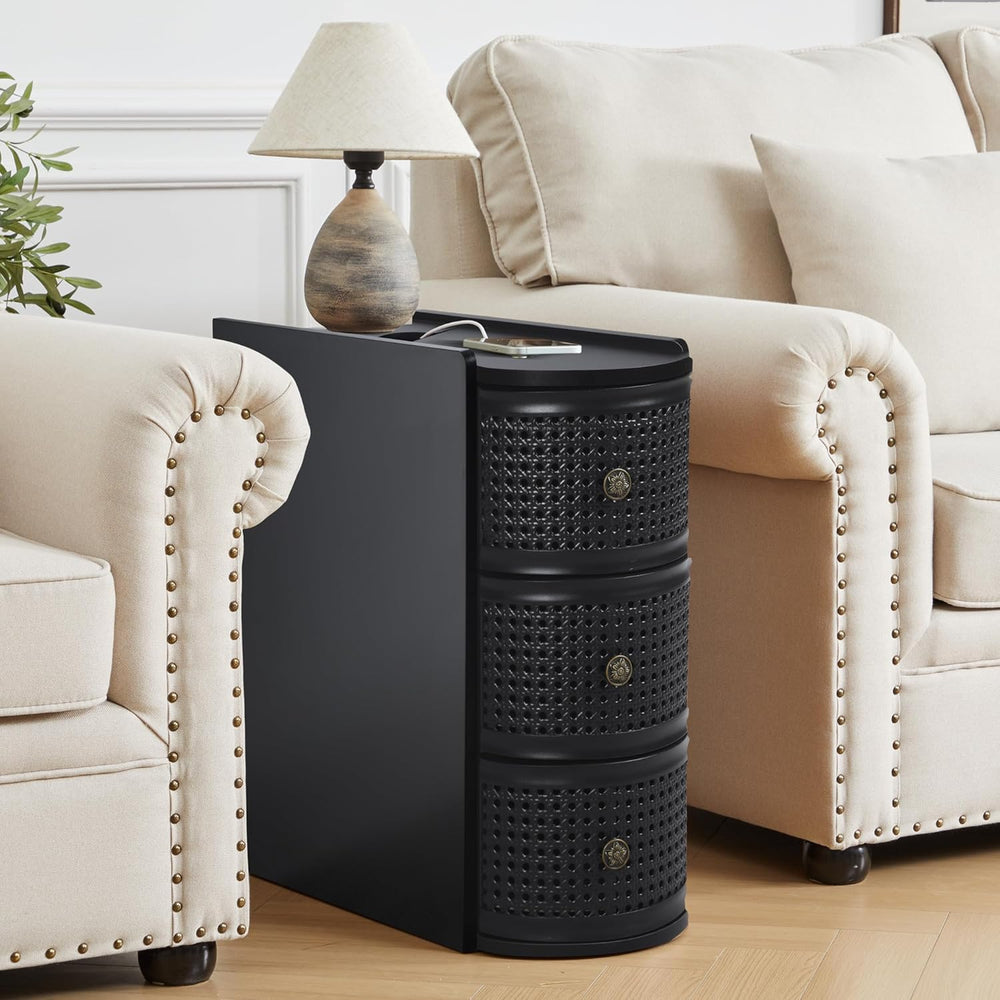 Narrow End Table Set of 2, Metal Rattan Side Table with Storage, Narrow Charg...