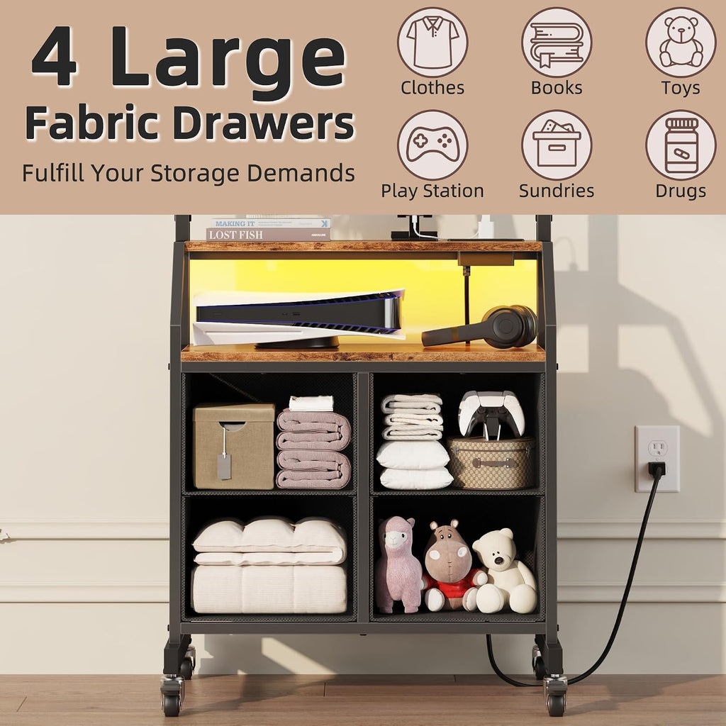 GYIIYUO Rolling TV Stand with Mount & 4 Fabric Drawers for 32-75 inch TVs | Holds up to 145 lbs with lockable rolling wheels, built-in 2 AC outlets and USB charging, great for apartments and bedrooms
