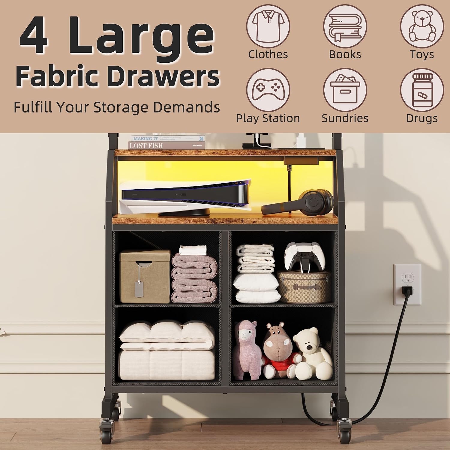 GYIIYUO Rolling TV Stand with Mount & 4 Fabric Drawers for 32-75 inch TVs | Holds up to 145 lbs with lockable rolling wheels, built-in 2 AC outlets and USB charging, great for apartments and bedrooms