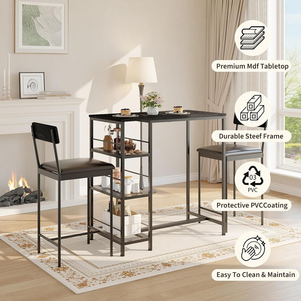 3-Piece Bar Table Set with 2 Bar Stools, Built-in Wine Rack and 3-Tier Storag...