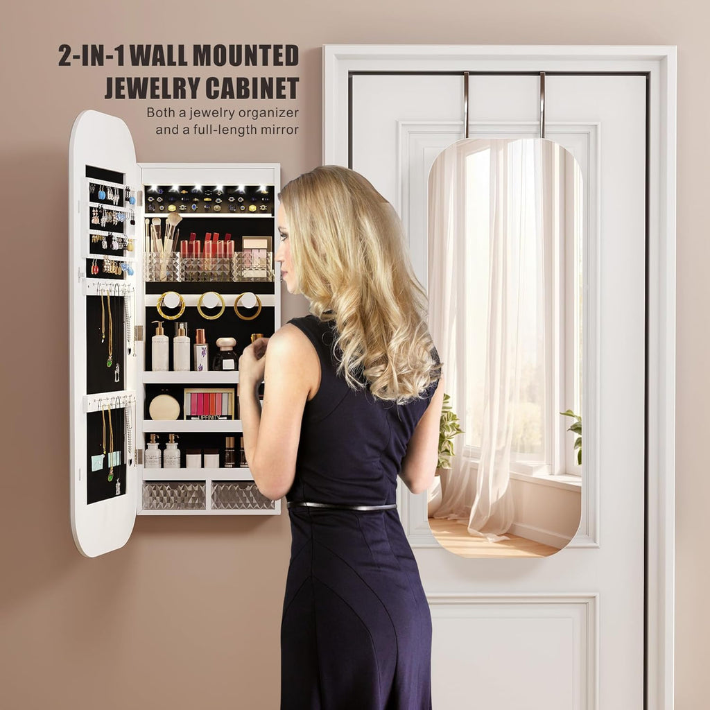 6 LED Mirror Jewelry Cabinet - Wall/Door Mounted Jewelry Armoire with Large Capacity - Lockable Tall Hanging Organizer - Cosmetic Storage & Gift Idea - White