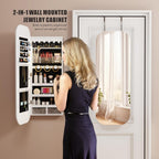 6 LED Mirror Jewelry Cabinet - Wall/Door Mounted Jewelry Armoire with Large Capacity - Lockable Tall Hanging Organizer - Cosmetic Storage & Gift Idea - White
