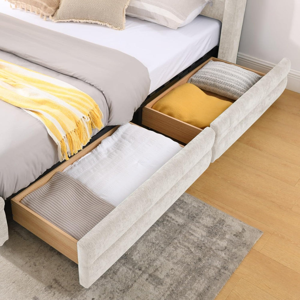 KEIKI Thick Chenille King Bed Frame with 4 Storage Drawer & Upholstered T...