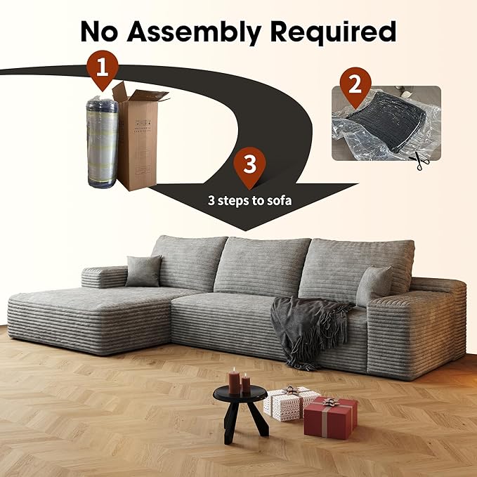Eafurn Oversized L-Shaped Modular Sectional Sofa with Chaise, Fluffy Corduroy Upholstered Boneless Couch with Deep Seat, Minimalist Flexible Combination for Living Room | Breathable material, Full Foam, Anti-slip