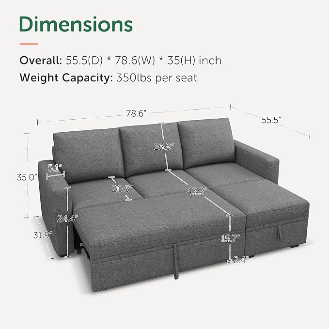HONBAY Modular Sectional Sleeper Sofa with Pull Out Bed, L Shaped Couch with Storage Seat, Modular Sectional Couches for Living Room - Dark Grey