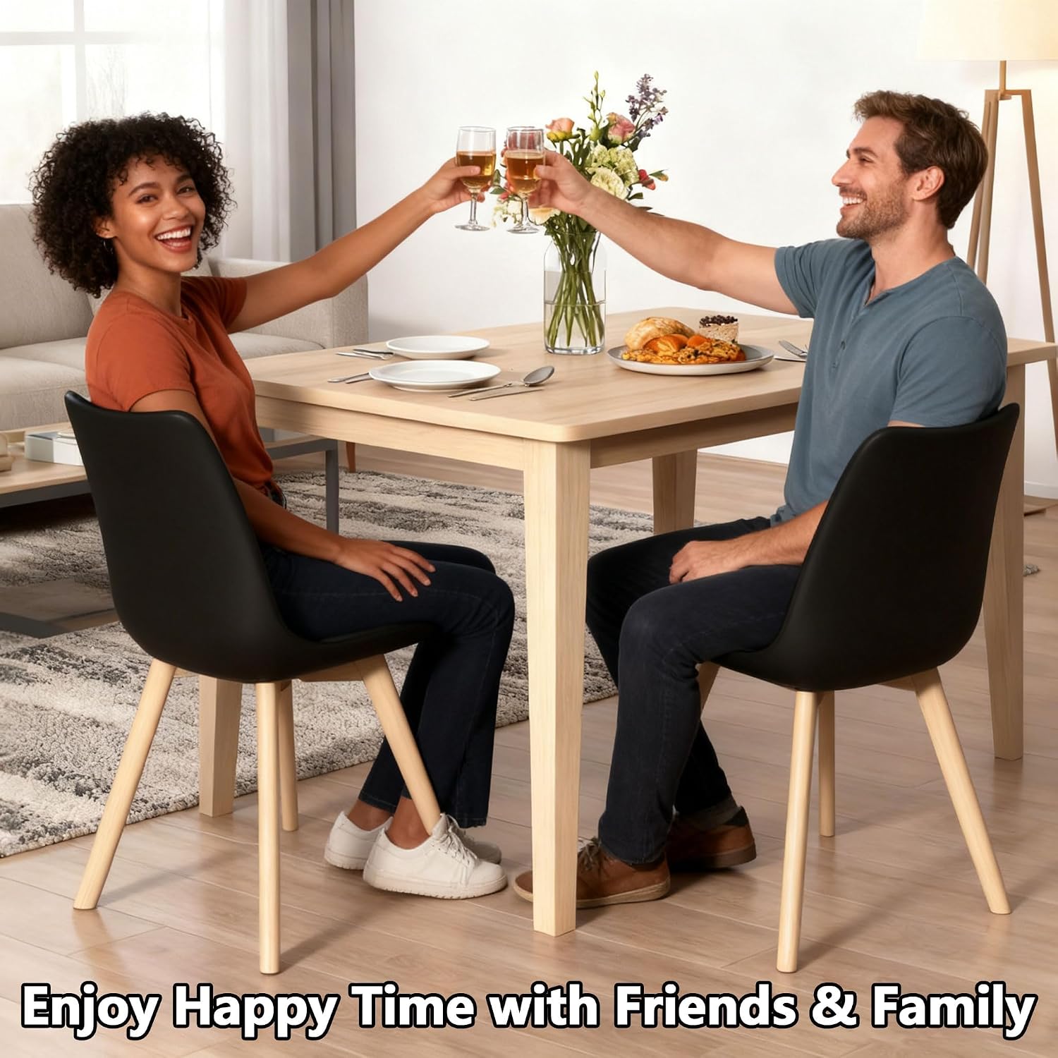 Dining Chairs Set of 8, Mid-Century Kitchen & Dining Room Chairs with Wood Legs and Cushion, Leather Dining Chairs Set for Living Room, Kitchen, Black 8 Pack