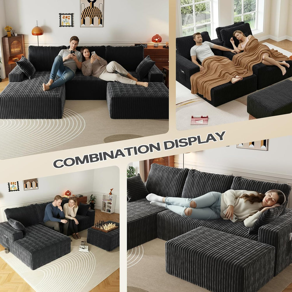 108" U-Shape Modular Sectional Cloud Couch with Ottoman, Deep Seat Couch...