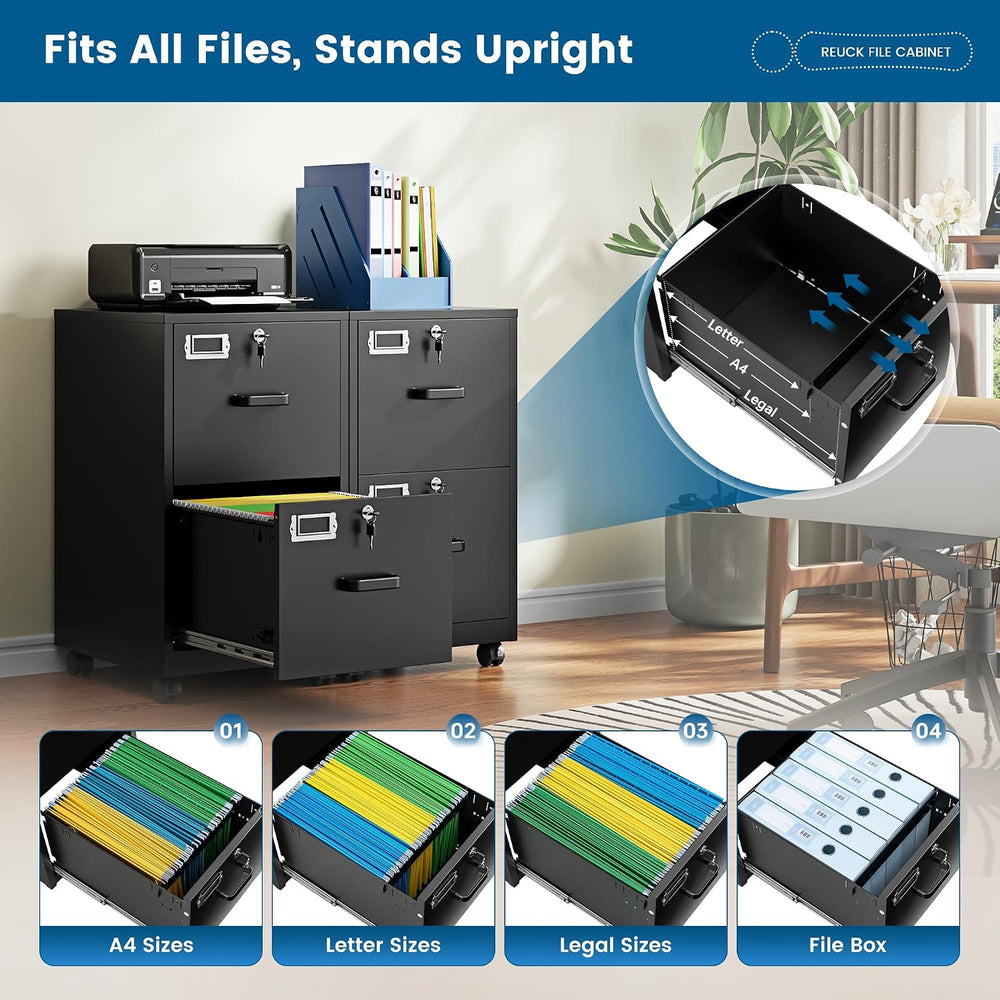 PEUKC 2 Drawer File Cabinet with Lock, Metal Under Desk Rolling Filing Cabine...