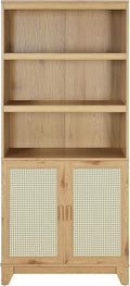 Manhattan Comfort Sheridan Modern Cane Bookcase with Adjustable Open Shelves, Soft Close Doors, and Concealed Compartments, Versatile 3 Tier Bookshelf Storage for Home and Office, Set of 1, Nature
