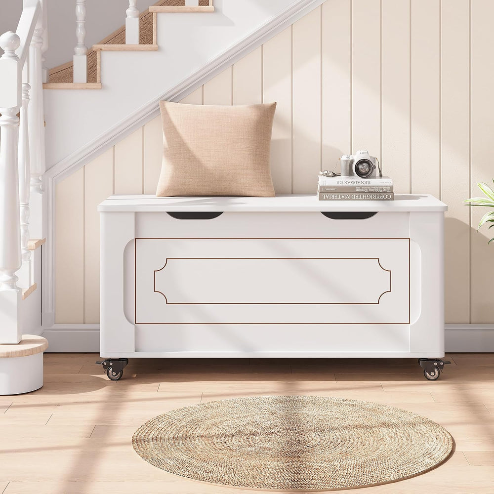 IDEALHOUSE Storage Chest, 39.4" Storage Bench Wooden Storage Trunk, Whit...