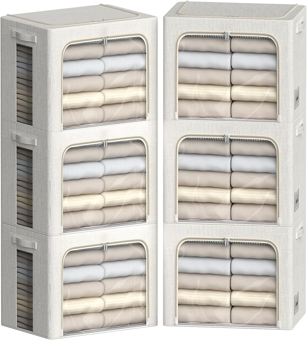 FHSQX 6 Pack Clothes Storage Bins,Ivory White, 16.5x12.2x12.2inch (40L) | ‎Portable, Large Clear Window, Stackable, Durable Handles, Foldable