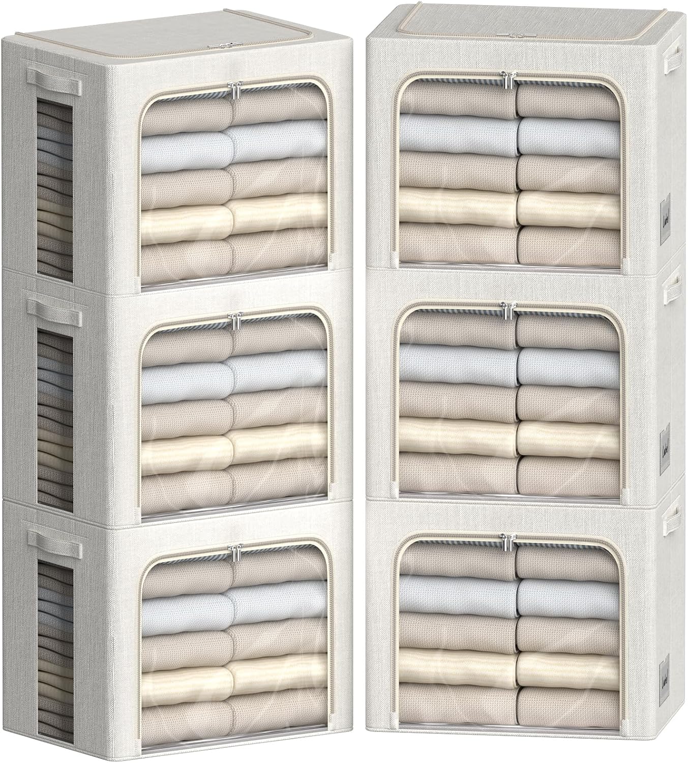 FHSQX 6 Pack Clothes Storage Bins,Ivory White, 16.5x12.2x12.2inch (40L) | ‎Portable, Large Clear Window, Stackable, Durable Handles, Foldable