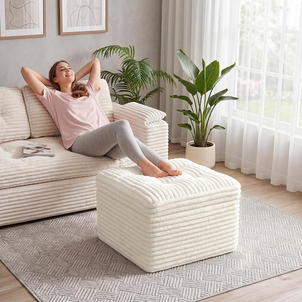 23.6in Pouf Ottoman, Corduroy Footstool Foot Rest Seating, Beige | Dual-layer support poofy pouf with soft chunk-foam top & firm foam base. Ideal floor foot stool & seating for living room