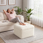 23.6in Pouf Ottoman, Corduroy Footstool Foot Rest Seating, Beige | Dual-layer support poofy pouf with soft chunk-foam top & firm foam base. Ideal floor foot stool & seating for living room