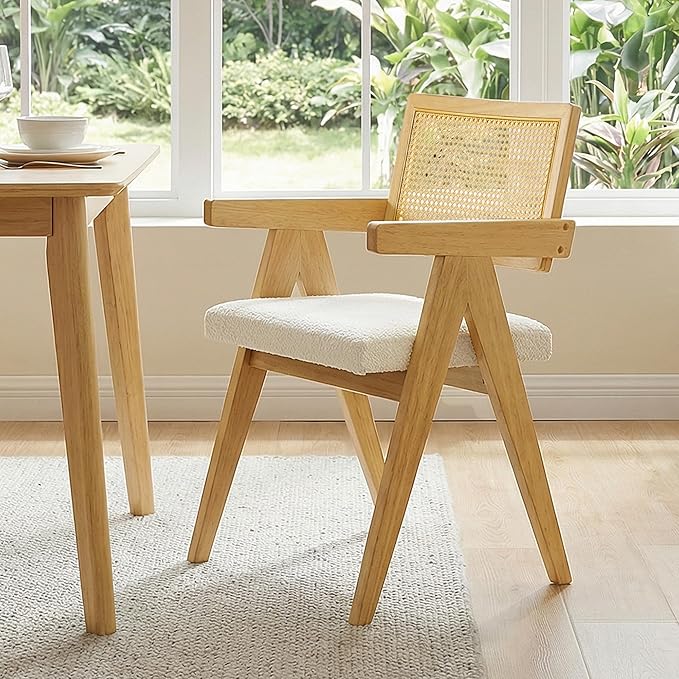 CHITA Rattan Dining Chairs Set of 4, Modern Dining Chair with 2.8inch Cushion, Rubberwood Frame Accent Chairs for Dining Room/Kitchen/Living Room, Oak