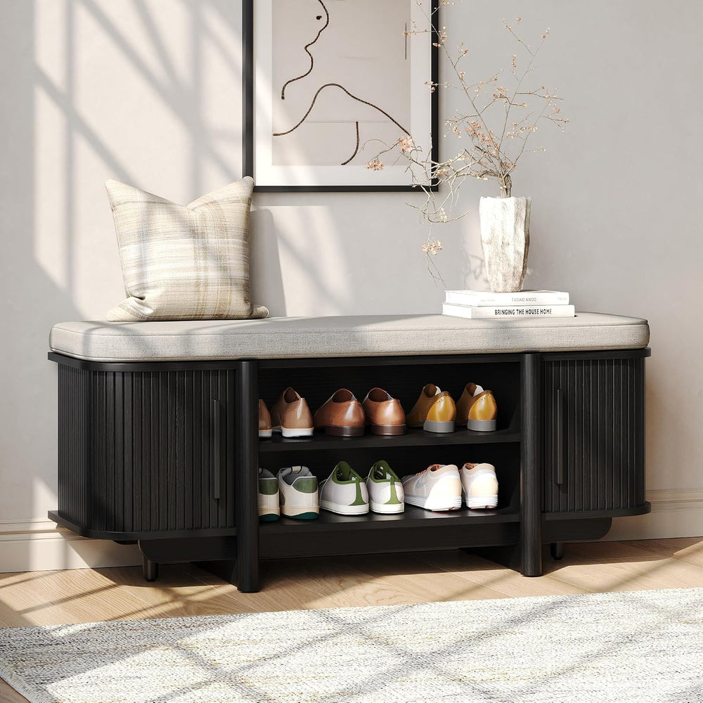 Maupvit Entryway Shoe Storage Bench with Sliding Doors, 2-Tier Upholstered Sh...