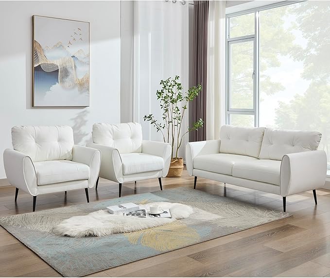 TYBOATLE Sofa Couch 61" Small Loveseat Couches for Living Room Leather Couch Mid Century Modern Tufted Mini Sofa Comfy Office 2 Seat Settee Love Seat for Small Spaces Bedroom (3, White)