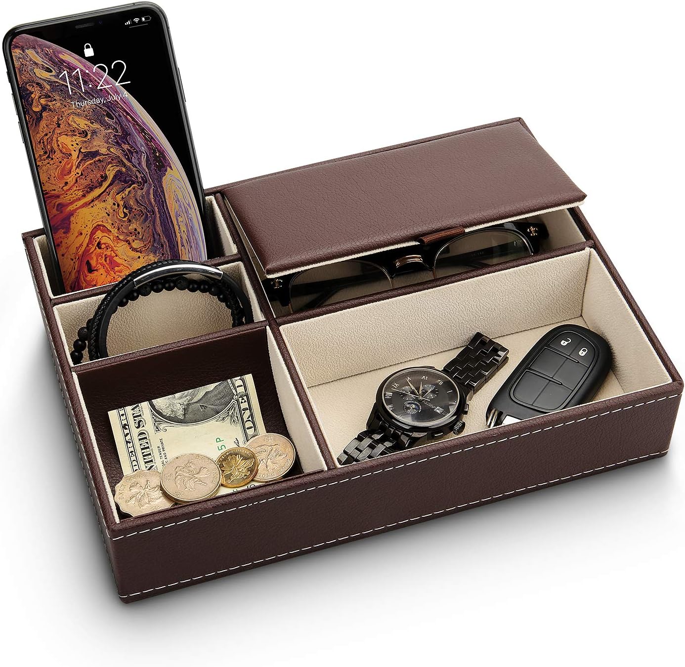 Baoyun Leather Valet Tray for Men, Mens Jewelry Organizer Box, Mens Nightstand Organizer, Leather Bedside Tray for Entryway, Dresser Organizer Countertop for Bedroom Men Room Decor