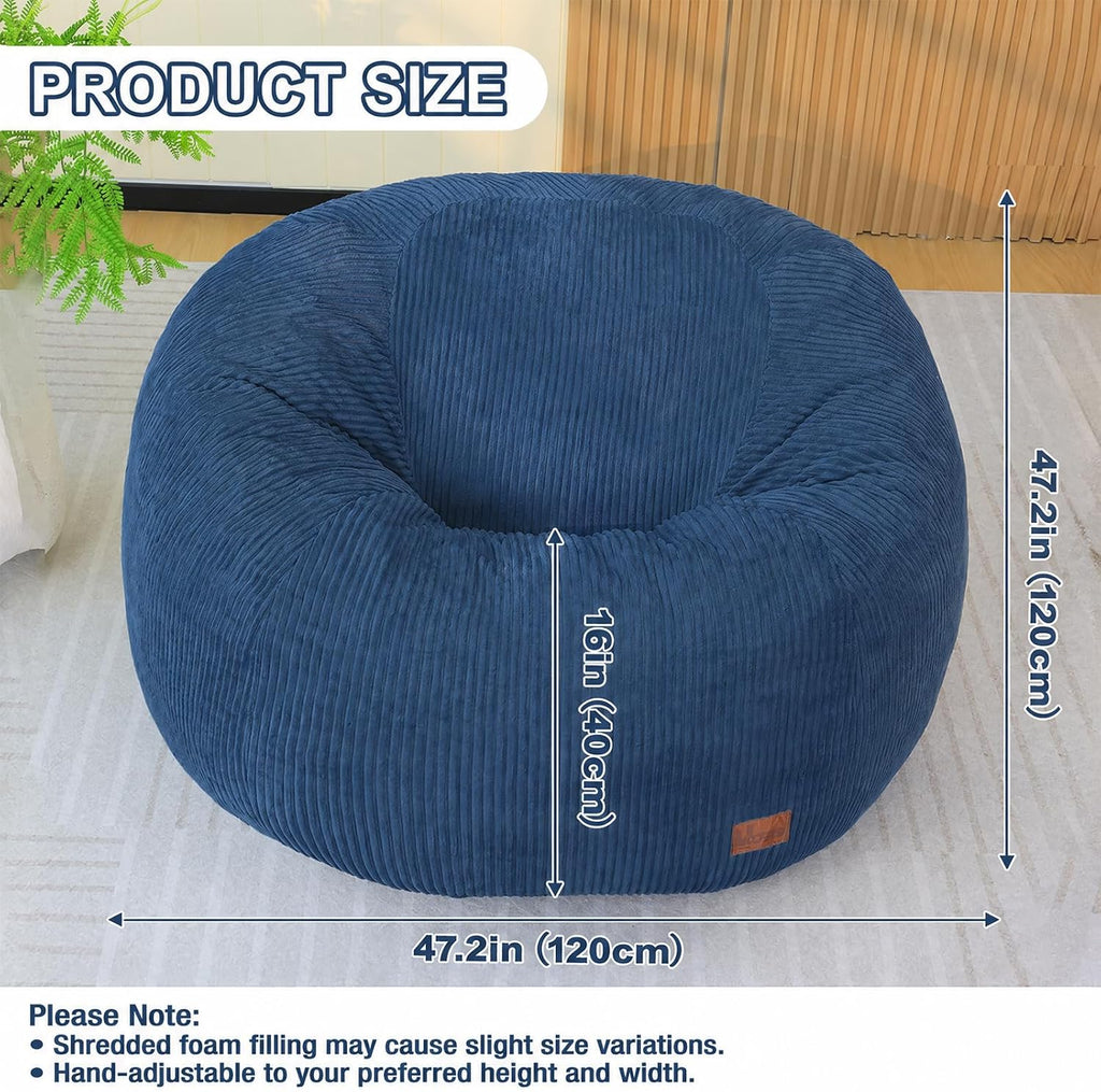 Bean Bag Chair for Adults Teens & Kids, Giant Round Bean Bag with Memory Sponge Filling, Boneless Lounge Floor Sofa Chair with Handle & Non-Slip Base for Living Room Bedroom Balcony(L-Blue)