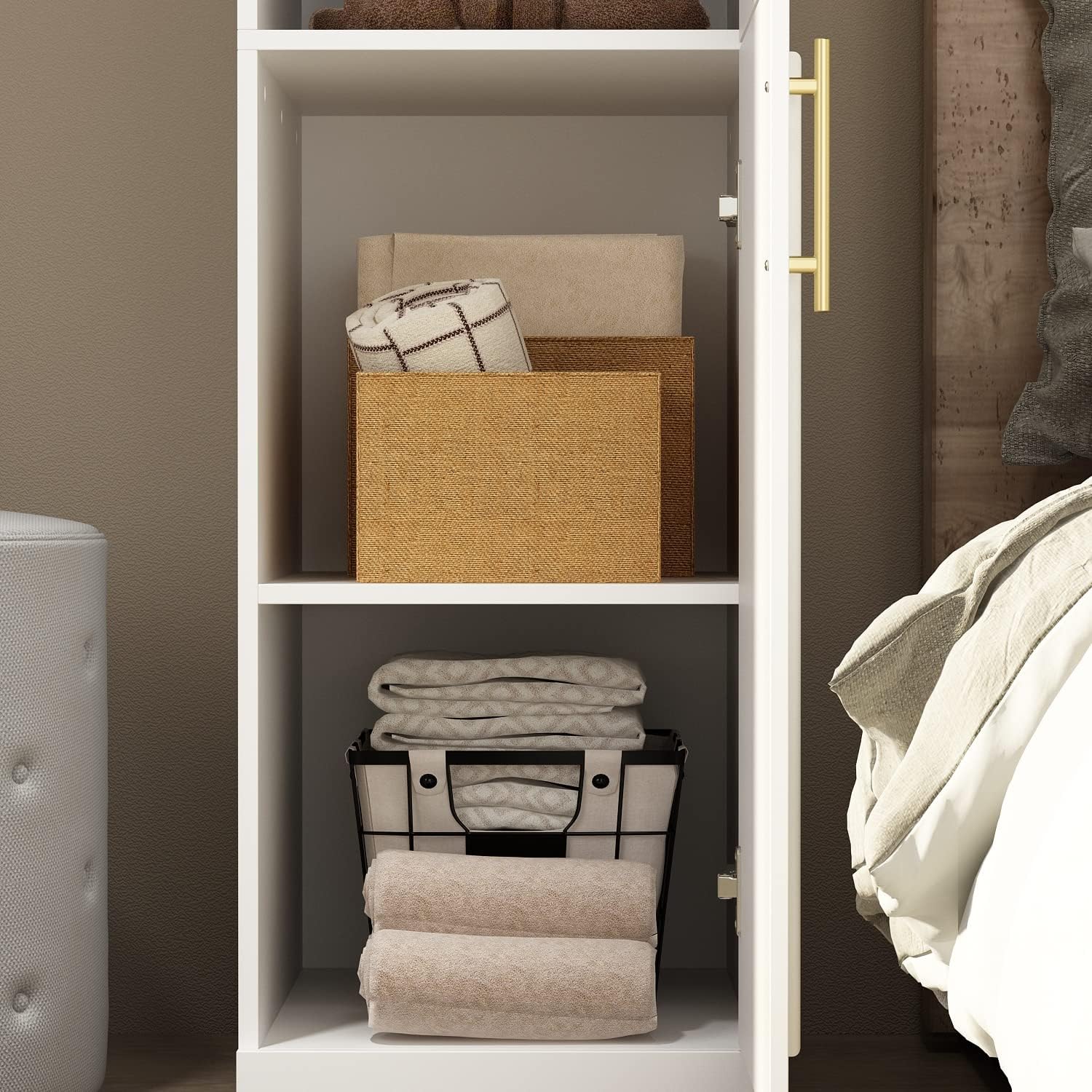 ECACAD White Slim Wardrobe Armoire with 2 Doors, 3-Tier Shelves & Hanging Rod, Wooden Closet Storage Cabinet for Bedroom (15.7”W x 19.3”D x 74.8”H)