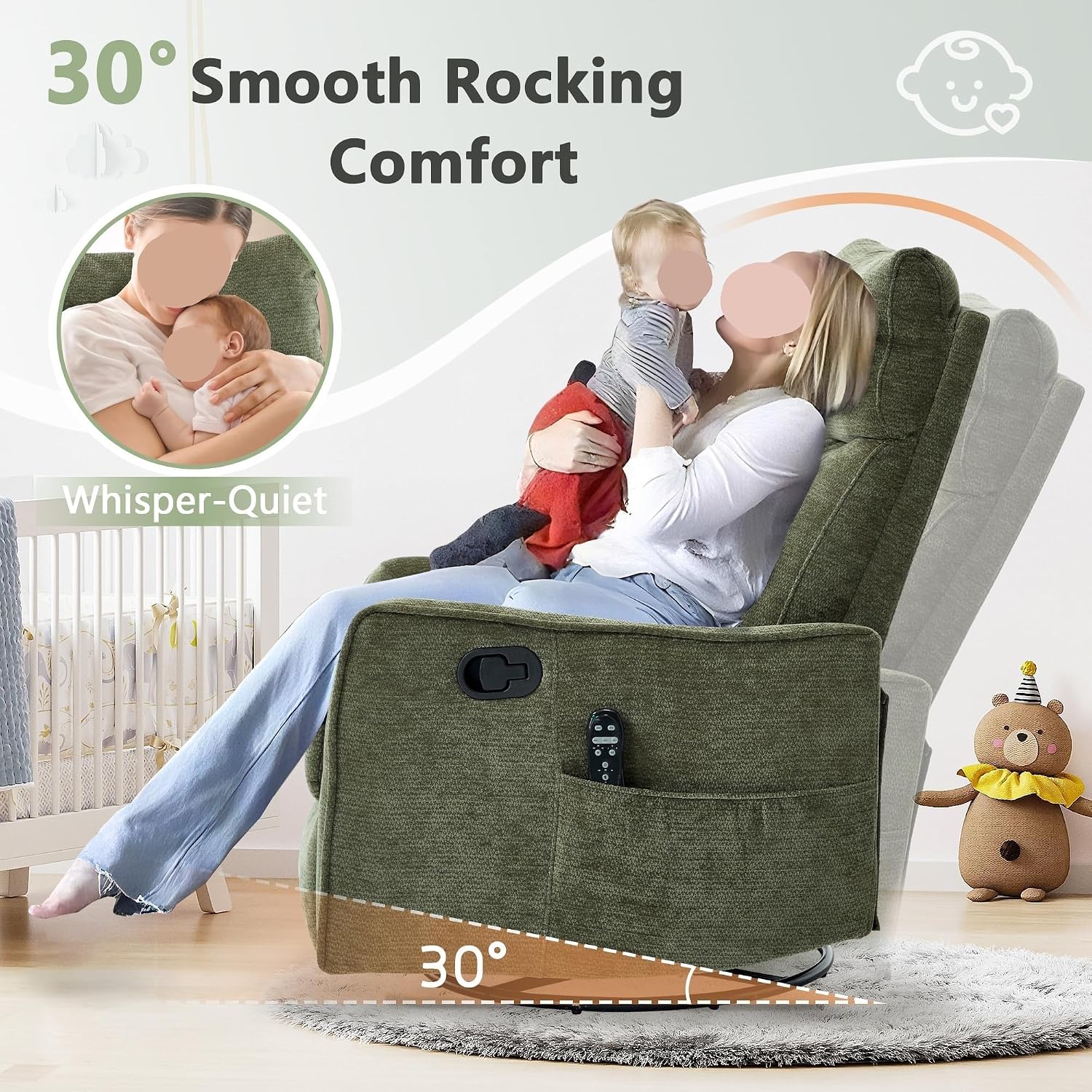 Swivel Rocker Glider Recliner Chair for Nursery and Small Spaces with Heated Massage Manual Rocking Recliner Sofa for Living Room Home Theater
