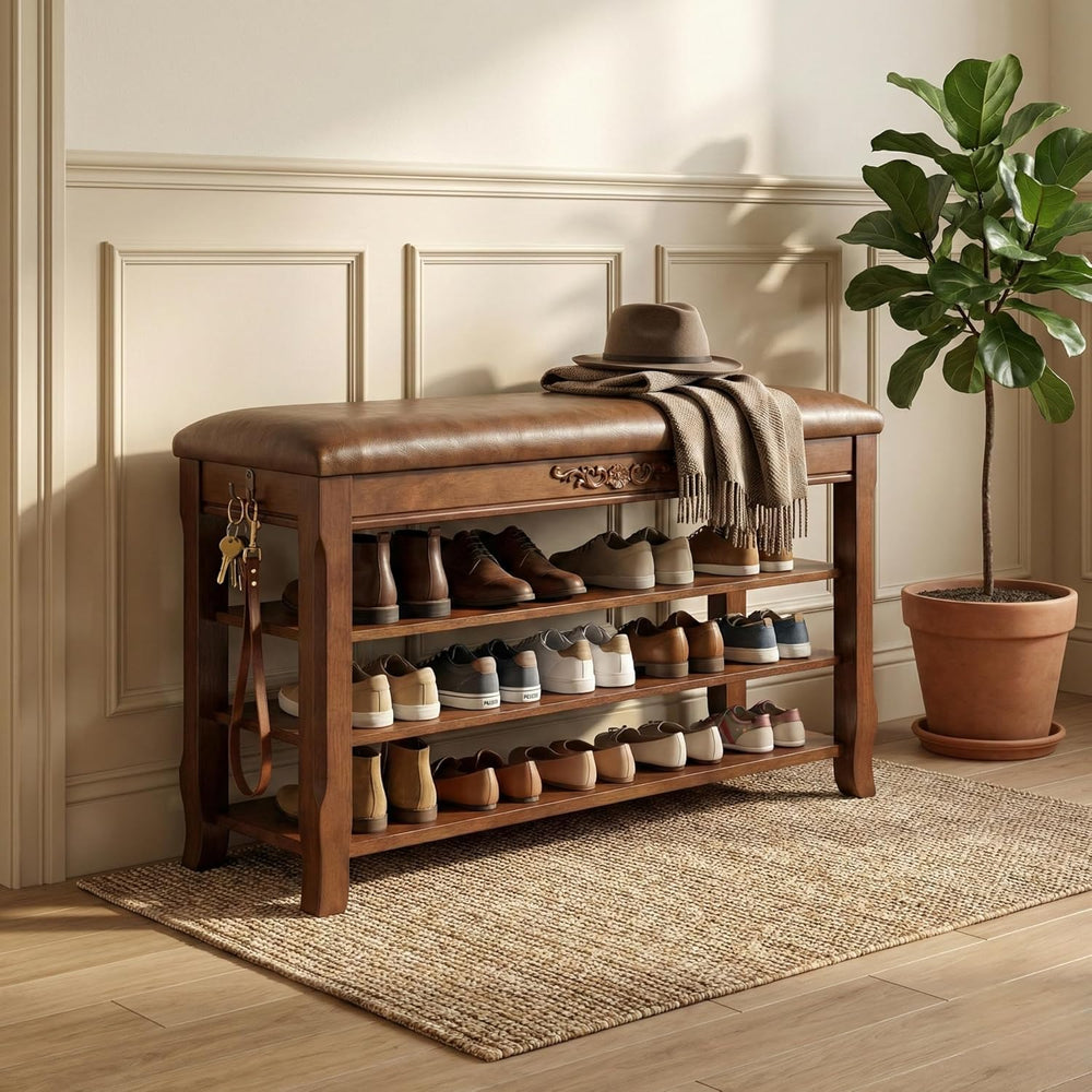 Shoe Rack Bench Entryway Storage with Leather Cushion, Shoe Organizer Bench f...