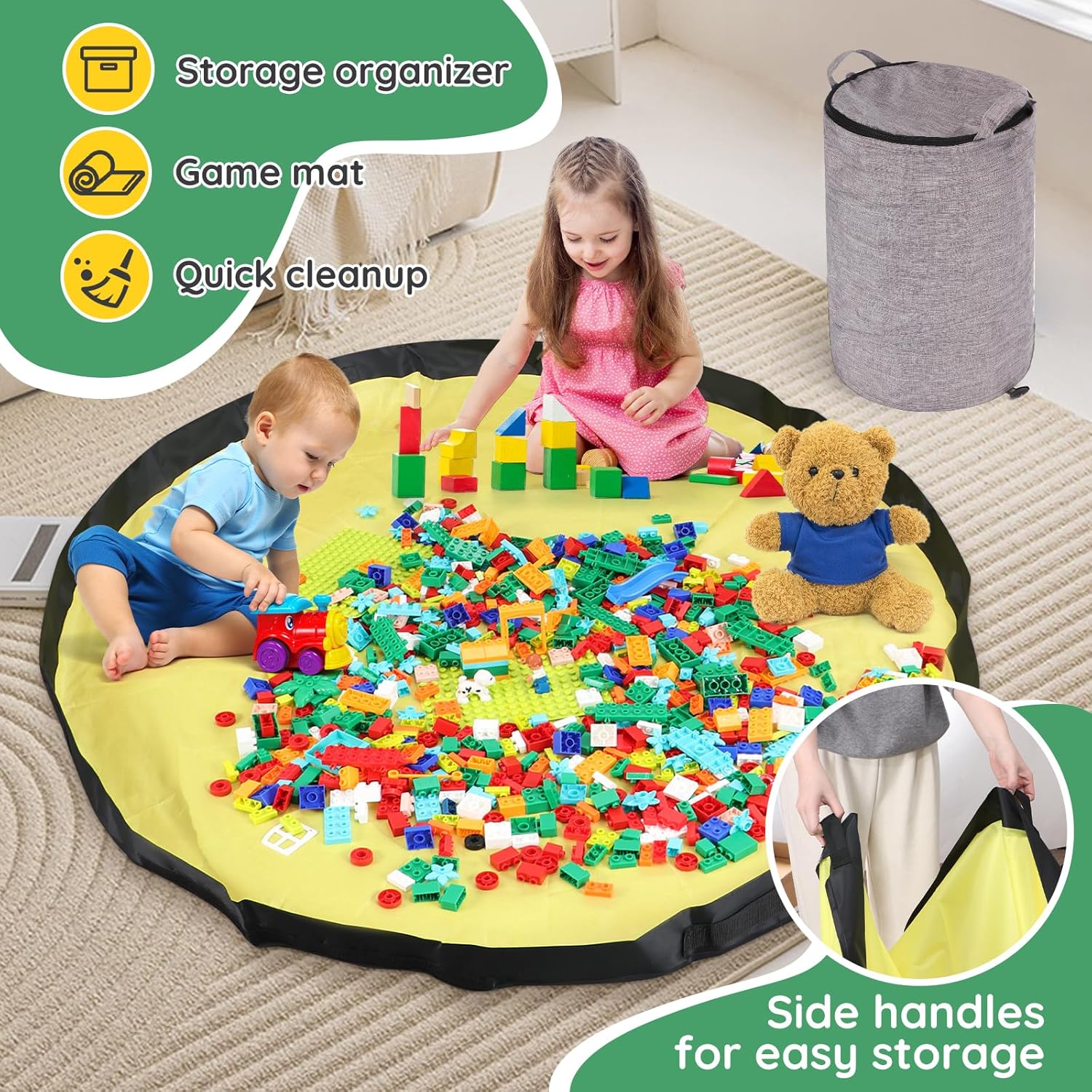 Toy Storage Organizer for Playroom, 13"W x16.5"H Foldable Bin with Play Mat & Zipper - Large Capacity Organizer for Scattered Building Blocks & Stuffed Animals