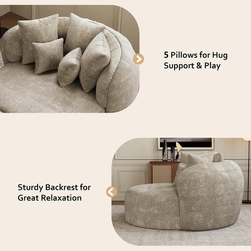 53.5" Oversized Round Chaise Lounge with Ottoman, Chenille, Light Brown ...
