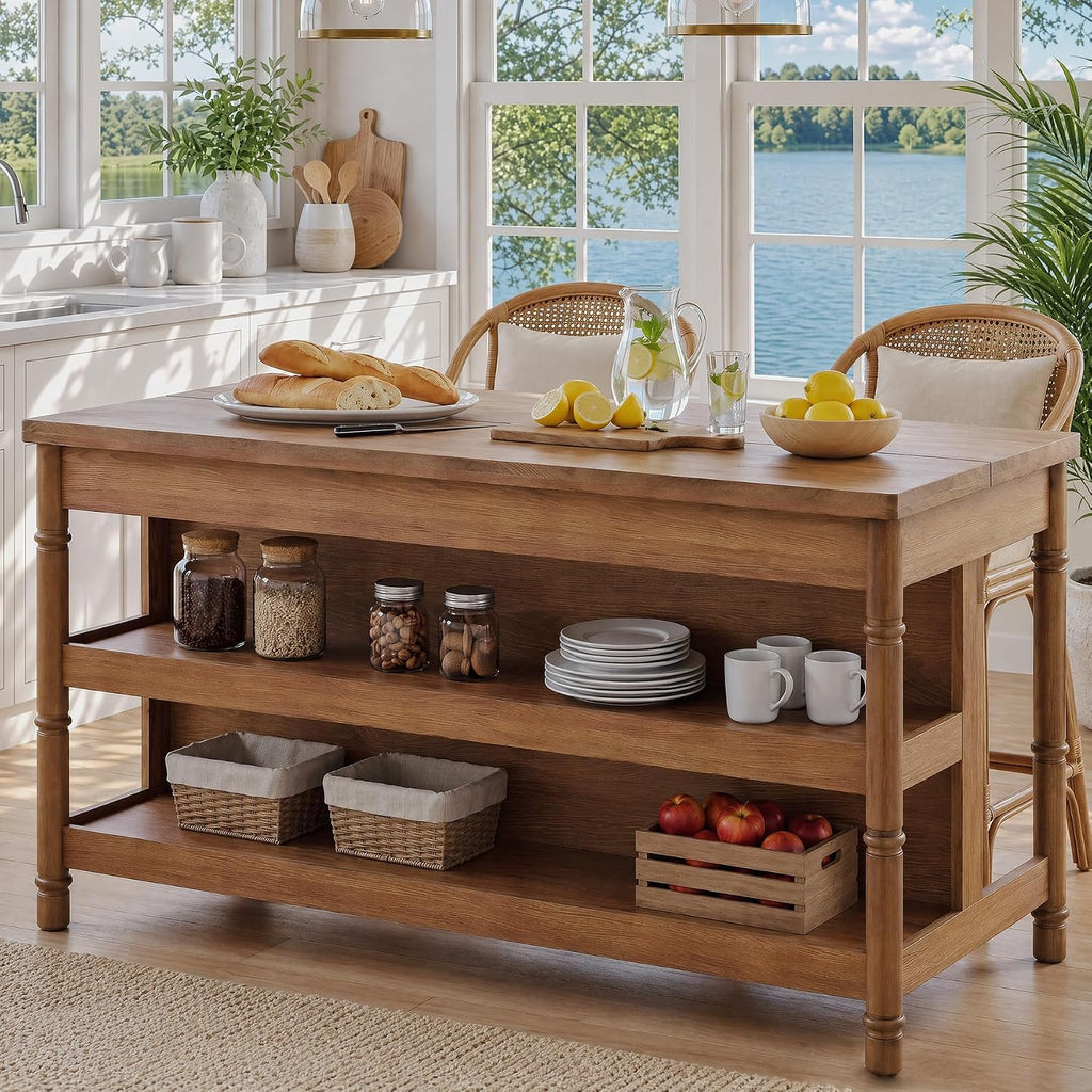 63" Solid Wood Kitchen Island Table with Storage & Seating | Three-Tier Storage, Full-Length Open Shelves, Counter Stool Compatible, Elegant Turned Legs, Farmhouse Style