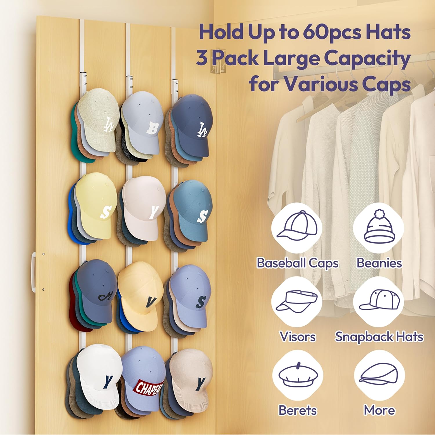 SWTYMIKI Over Door Hat Organizer - 3 Packs Metal Hanging Hat Rack with 12 Hooks Design, Baseball Cap Hanger Organizer Storage Holds up to 60 Caps for Door, Bedroom, Closet