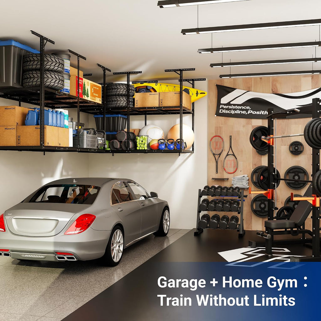 FLEXIMOUNTS 4x8 2-Tier Overhead Garage Storage Rack – Adjustable Heavy Duty Metal Garage Ceiling Storage Racks, 1000 lbs Capacity – Garages Organization System for 9–15 ft Tall Garages, Black