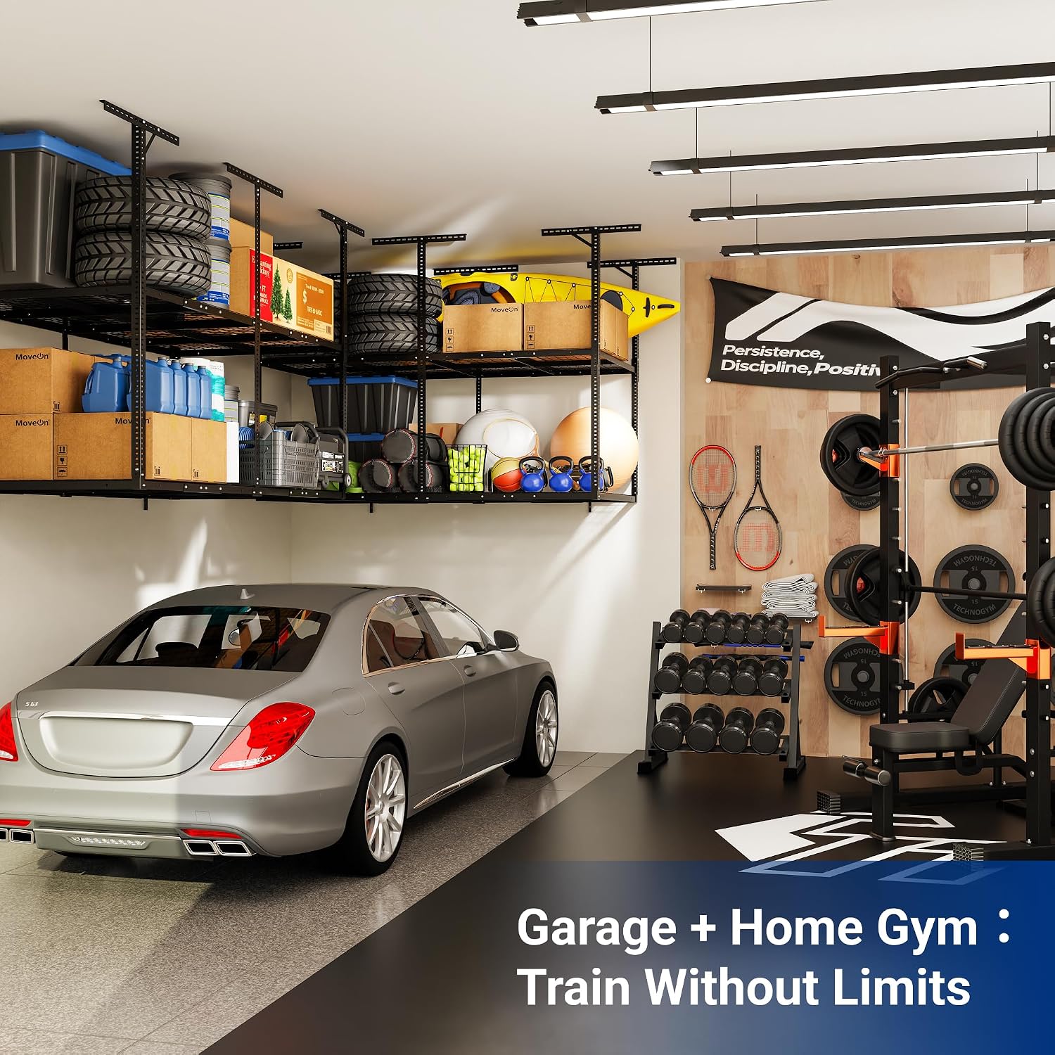 FLEXIMOUNTS 4x8 2-Tier Overhead Garage Storage Rack – Adjustable Heavy Duty Metal Garage Ceiling Storage Racks, 1000 lbs Capacity – Garages Organization System for 9–15 ft Tall Garages, Black