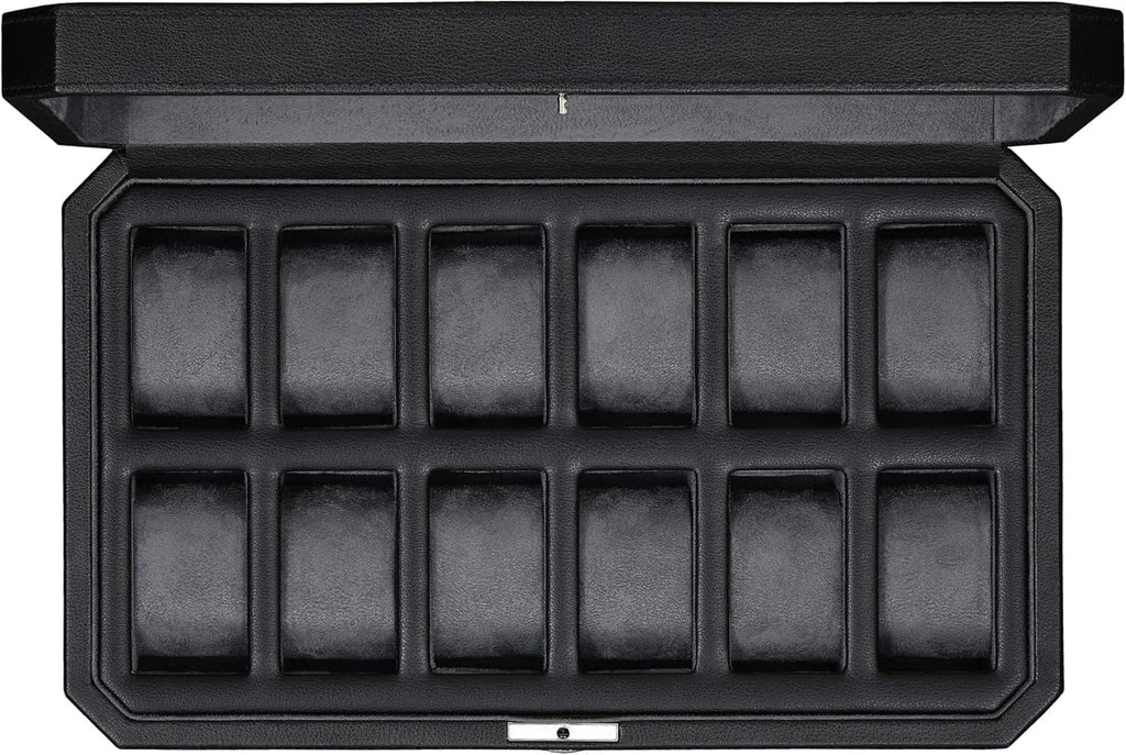 ROTHWELL 12 Slot Leather Watch Box for Men - Luxury Case Display Jewelry Organizer with Microsuede Liner - Travel Jewelry Case for Mens Accessories, Travel Organizer (Black & Grey)