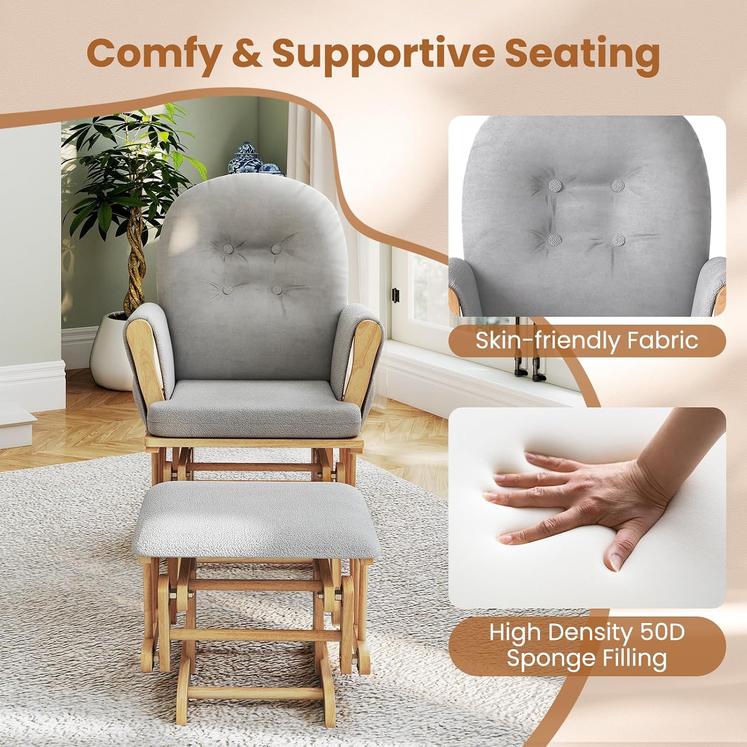 DORTALA Baby Glider Rocker with Ottoman, Multiposition Lockable Glider with Cleanable Upholstered, Smooth Rocking Motion, Nursery Glider & Ottoman Sets for Nursing Baby, Reading (Grey and Natural)