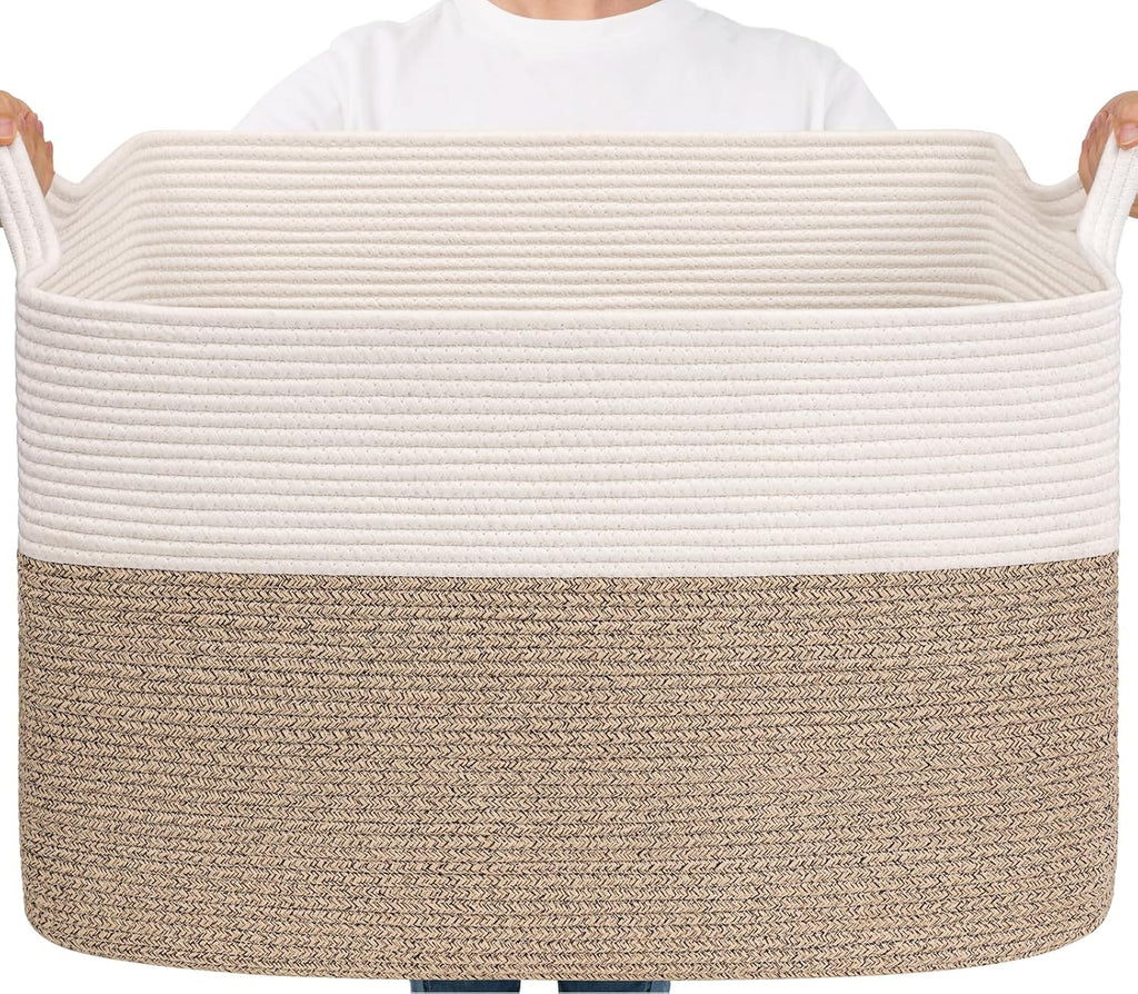 Goodpick 105L Extra Large Cotton Rope Blanket Basket, White & Light Brown | 25 x 16 x 16 in, Reinforced Handles, Living Room, Bedroom & Nursery Organization, Blankets, Toys, Clothes & Pillows Storage
