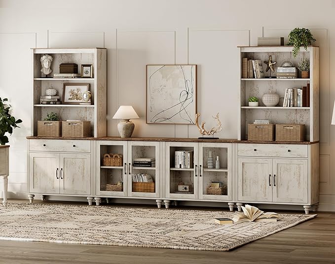 WAMPAT TV Stand with Bookshelves for TVs up to 75", Farmhouse Wall Unit Entertainment Center with Doors & Drawer, Media Console Table for Living Room & Bedroom & Home Theater, Rustic White