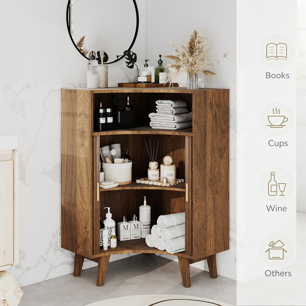 Fluted Corner Cabinet with Open Storage, Modern Floor Cabinets