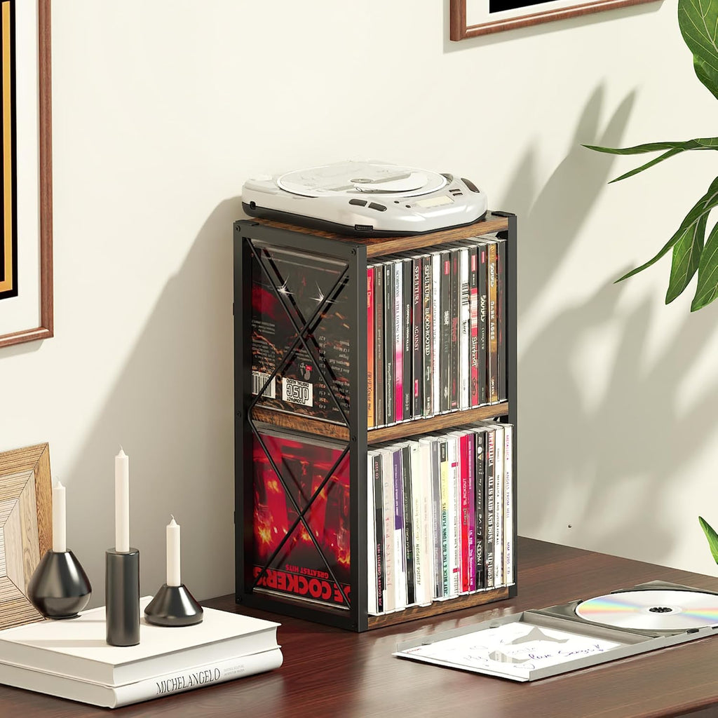 Alyoen 2 Tier CD Holder Organizer, Wooden CD Storage Rack Holds up to 30 Cds, CD Case Holder for Display, Premium CD Display Shelf for Home Office, Ideal for Music Enthusiasts
