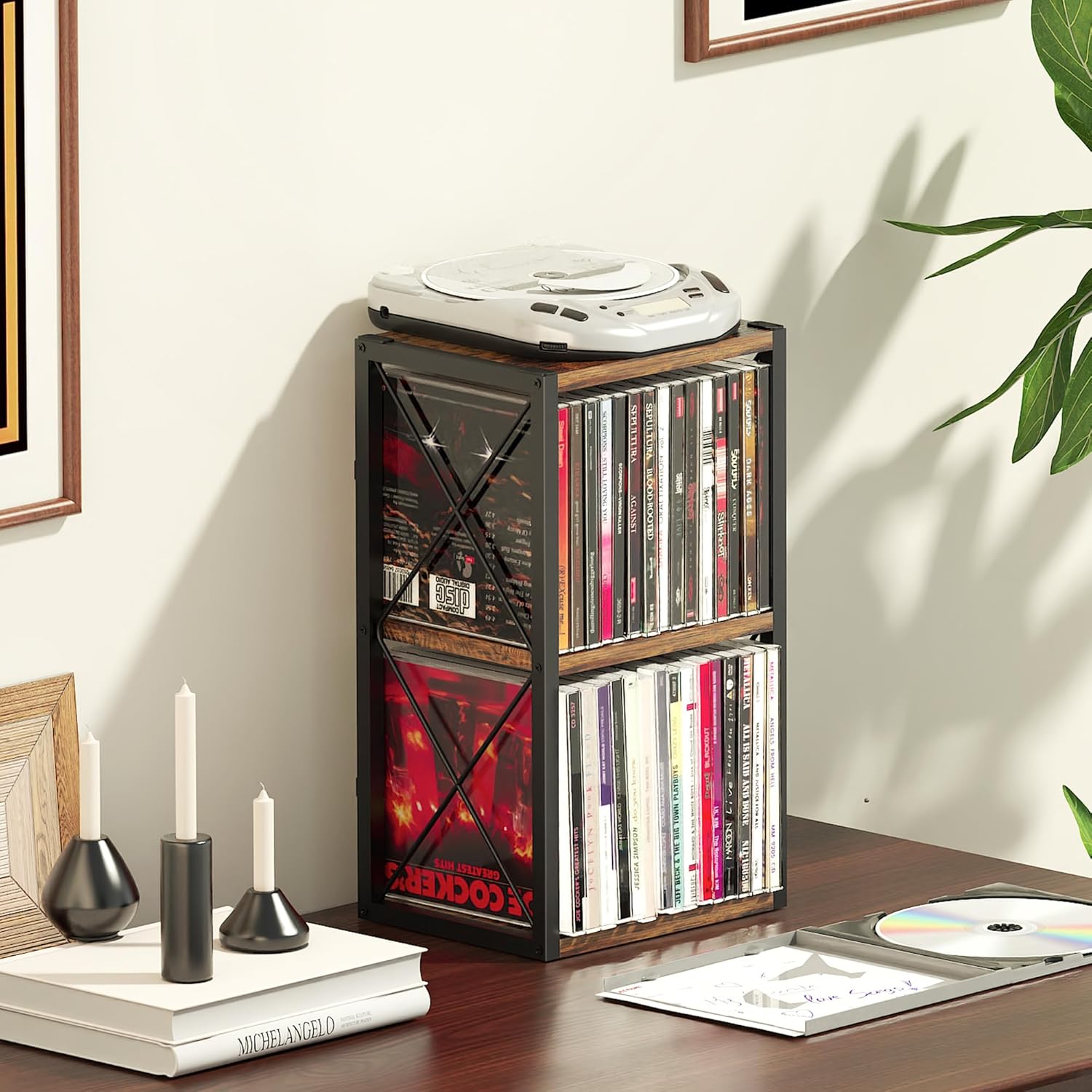 Alyoen 2 Tier CD Holder Organizer, Wooden CD Storage Rack Holds up to 30 Cds, CD Case Holder for Display, Premium CD Display Shelf for Home Office, Ideal for Music Enthusiasts