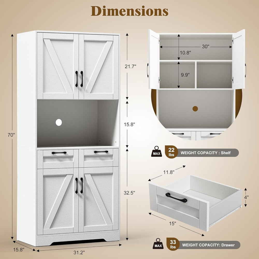 Tall Kitchen Pantry Cabinet with 2 Drawers, White Hutch Cabinet with Storage,...