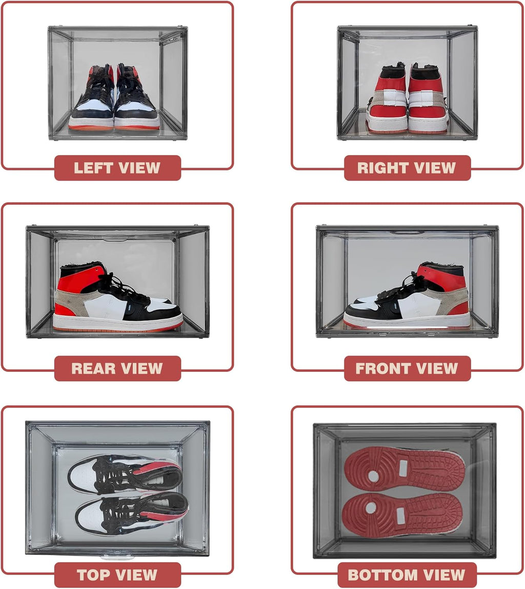 4 Pack Grey Large Shoe Storage Boxes Clear Plastic Stackable Shoe Display Case with Magnetic Door, Easy Assembly Fit up to US Size 13