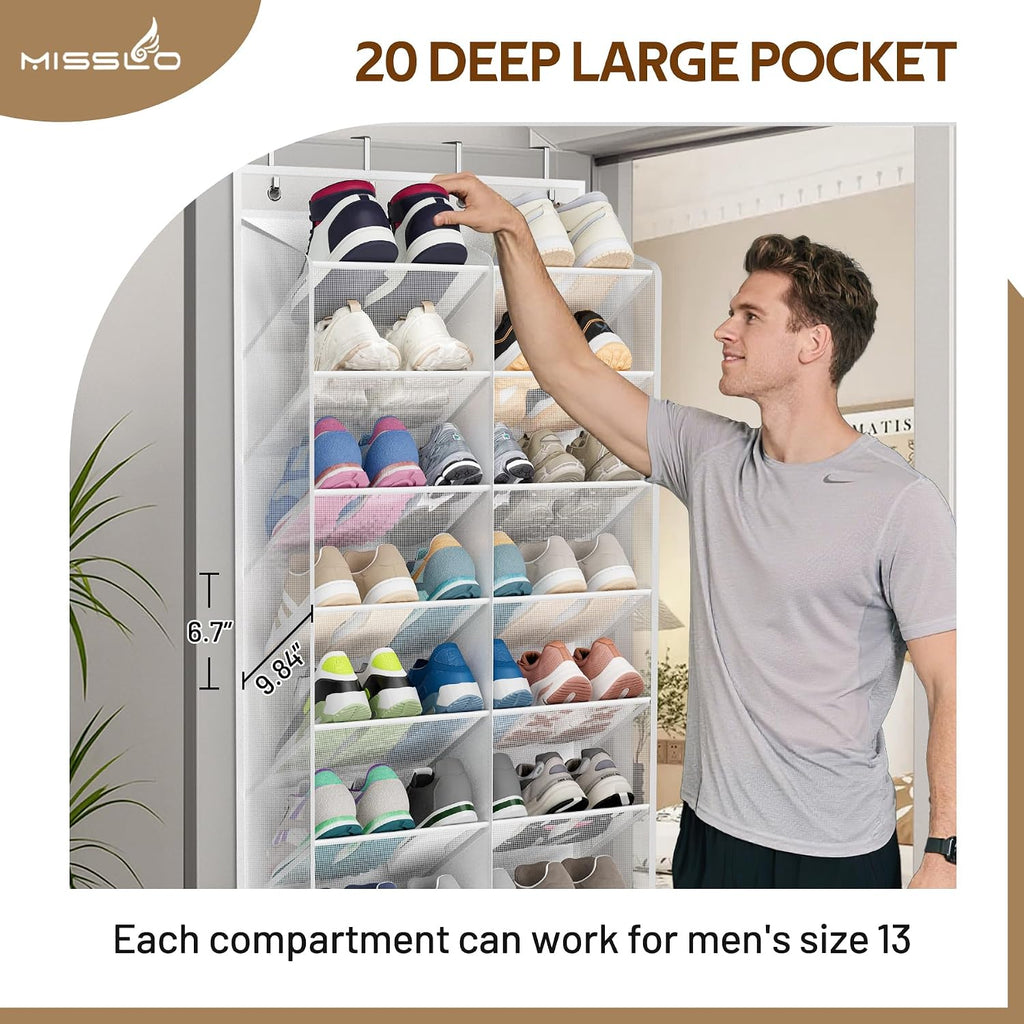 MISSLO 30 Pairs Over the Door Shoe Organizer Breathable Mesh Hanging Shoe Rack for Closet Storage with Wide Deep Pockets 10 Tier Shoes Holder Fit All the Family's Sneakers, Boots, Heels (White, 71")