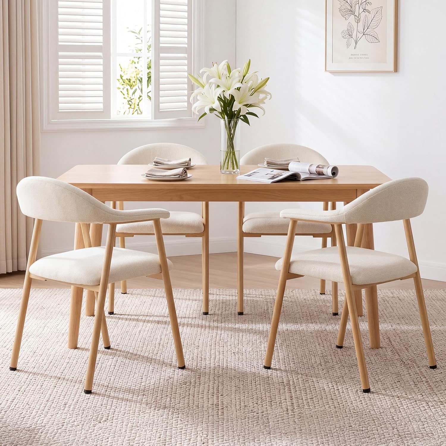 DUMOS Dining Chairs Set of 4, Linen Fabric Upholstered Kitchen Side Chairs with Curved Backrest & Metal Legs, Modern Farmhouse Accent Chair for Dining Room Kitchen Living Room Cafe, Beige