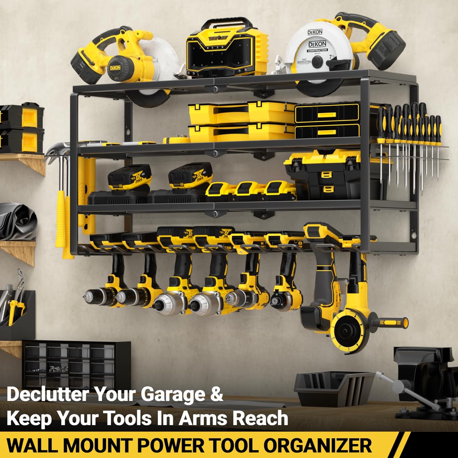 YYR 4 Layer Power Tool Organizer Wall Mount, Cordless Drill Hanger Storage Rack, Battery Tools Holder with Charging Station Shelf for Garage Organization, Workshop, Pegboard, Shed - 32 Inch 8 Slots