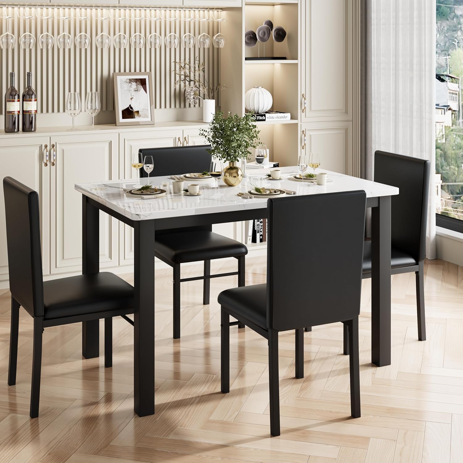 5-Piece Dining Table Set for 4, Faux Marble Top Kitchen Table with 4 Upholstered Chairs, Sturdy Metal Frame Space Saving Dinner Set for Small Spaces Apartments, White & Black
