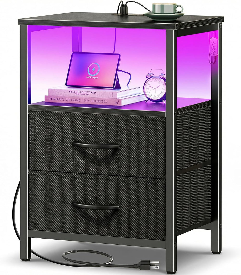 Huuger Night Stand with Charger Station and LED Lights, 2 Drawer Nightstand, ...