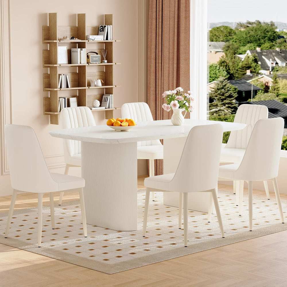 TesNus White Dining Table Set for 6, 67" Modern Marble Dining Table Set ...