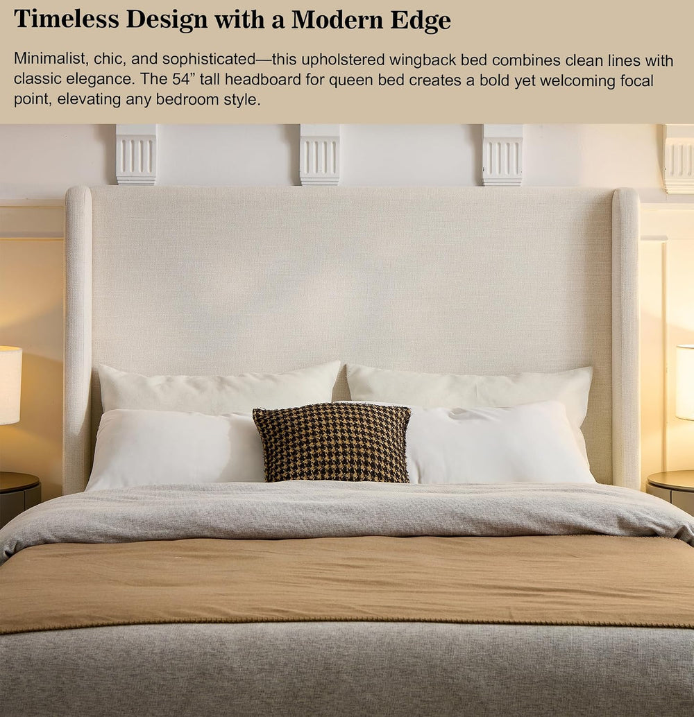 54" Majestic Extra-Tall Wingback Bed Frame Queen - Premium Textured Ivor...