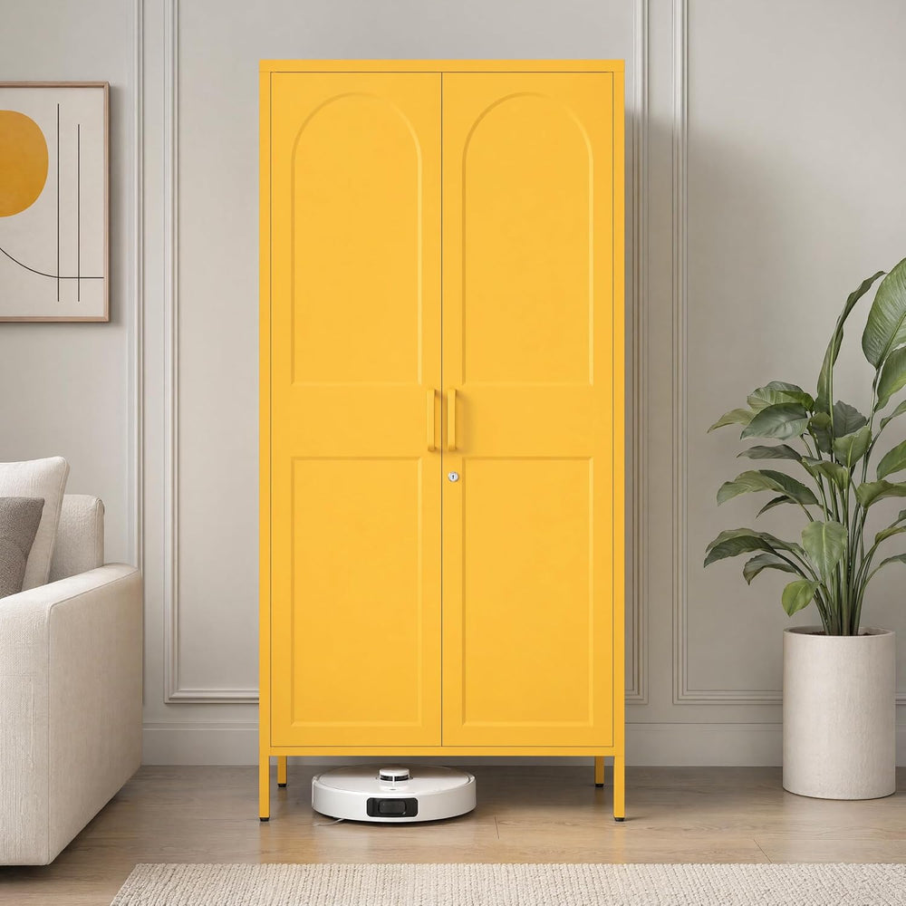 67 Inch Lockable Yellow Steel Wardrobe Storage Cabinet, Freestanding Metal Ar...